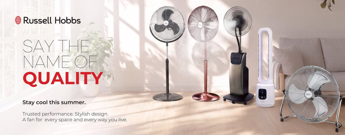 Russell Hobbs fan range: pedestal fans, misting fan, bladeless tower fan and floor fan in a sunlit living room